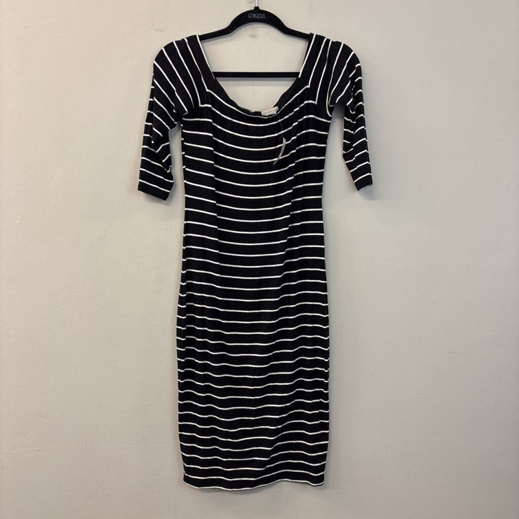 Belle Sky Black/ White Striped Off Shoulder Dress Medium