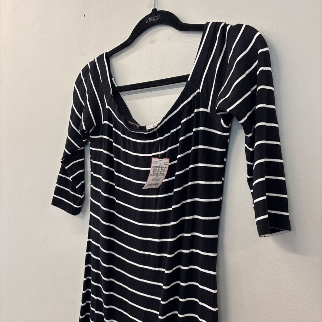 Belle Sky Black/ White Striped Off Shoulder Dress Medium