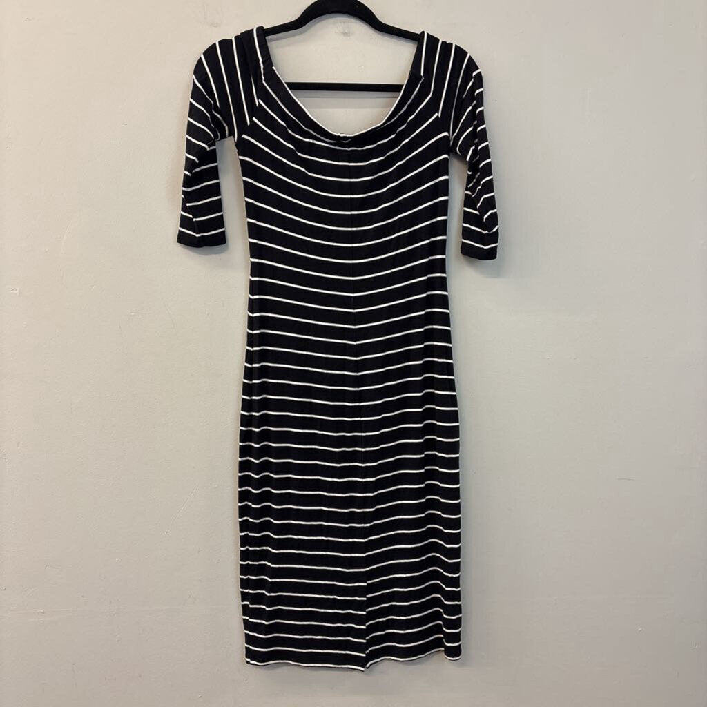 Belle Sky Black/ White Striped Off Shoulder Dress Medium