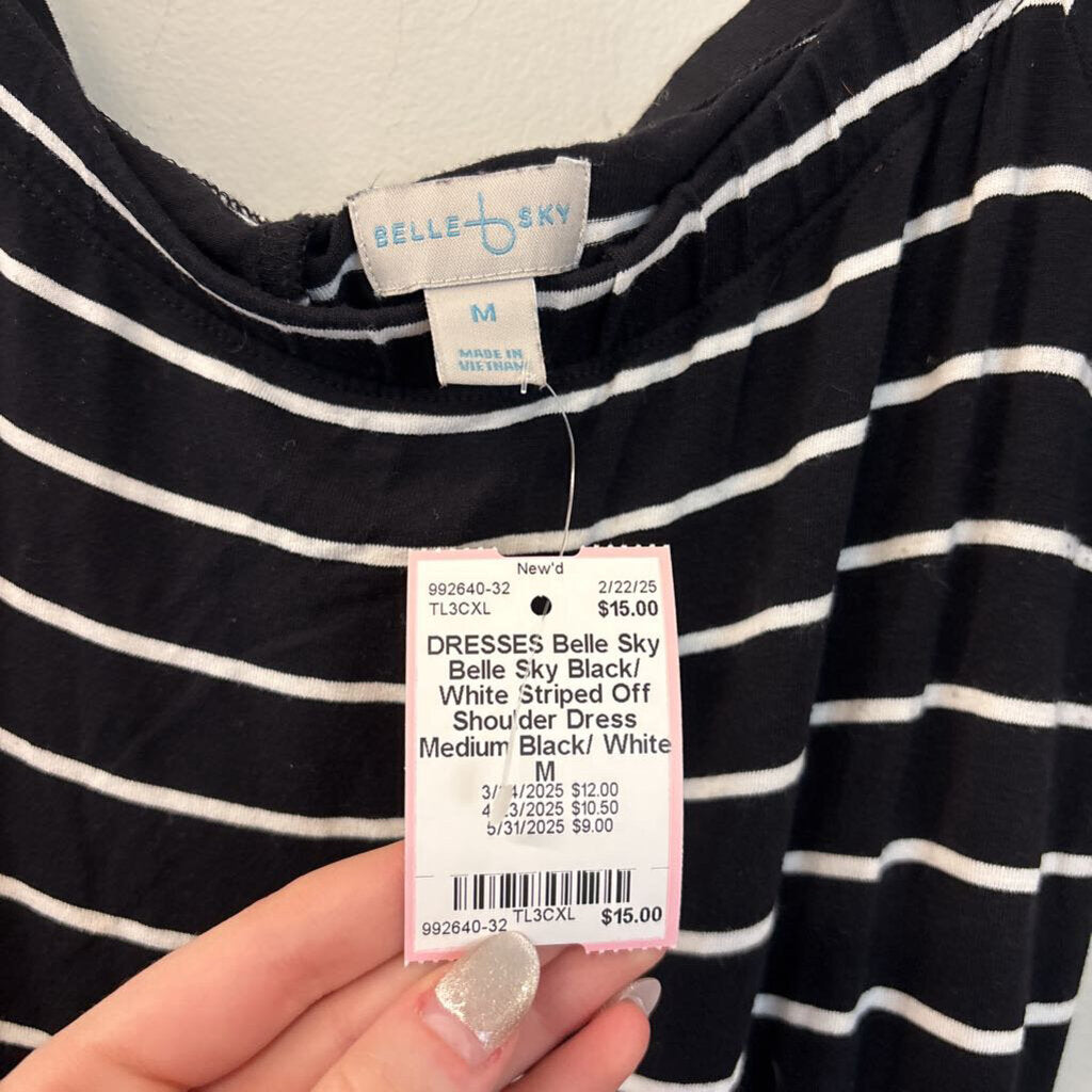 Belle Sky Black/ White Striped Off Shoulder Dress Medium