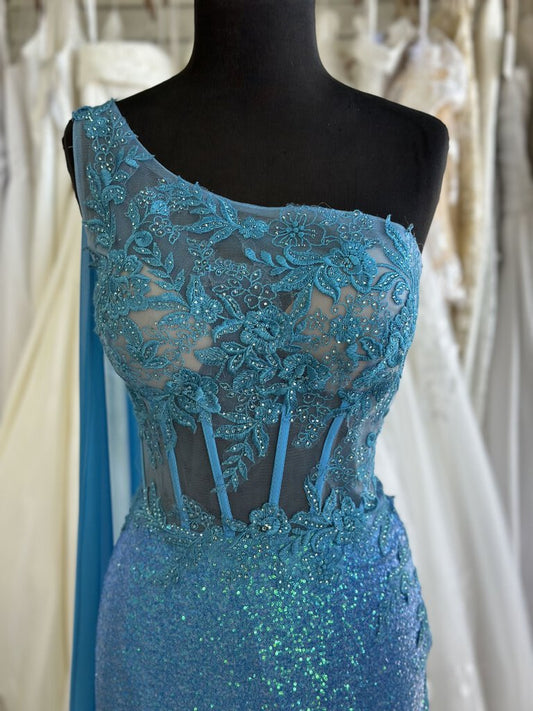 Ellie Wilde Aqua One Shoulder Long Formal 14