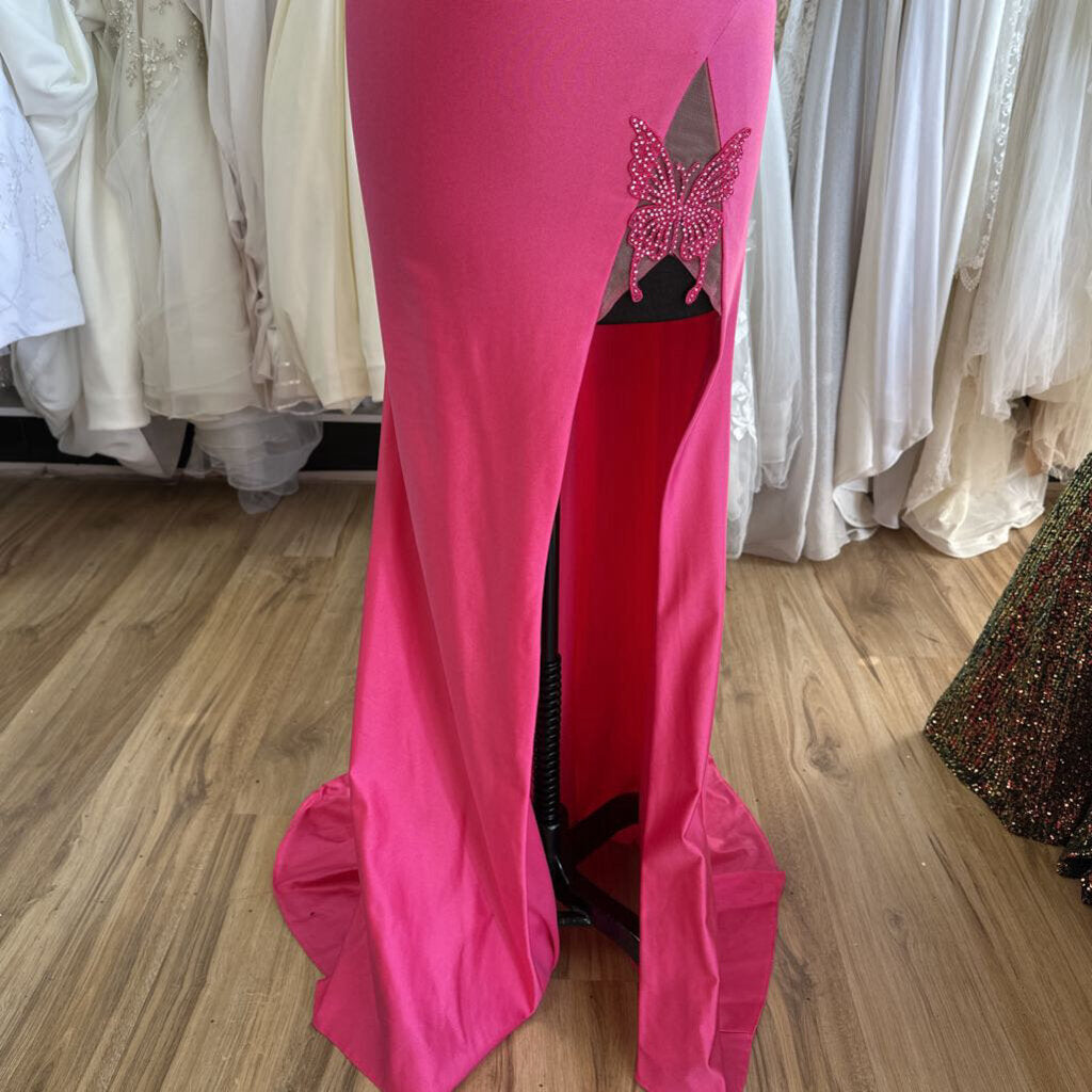 Ellie Wilde Fitted Pink Butterfly Slit Long Formal