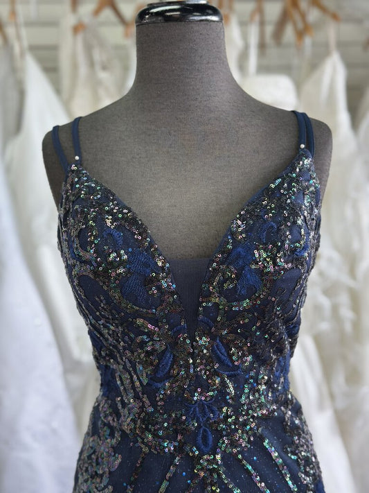 Ellie Wilde Navy Sequin Fitted Long Formal 6