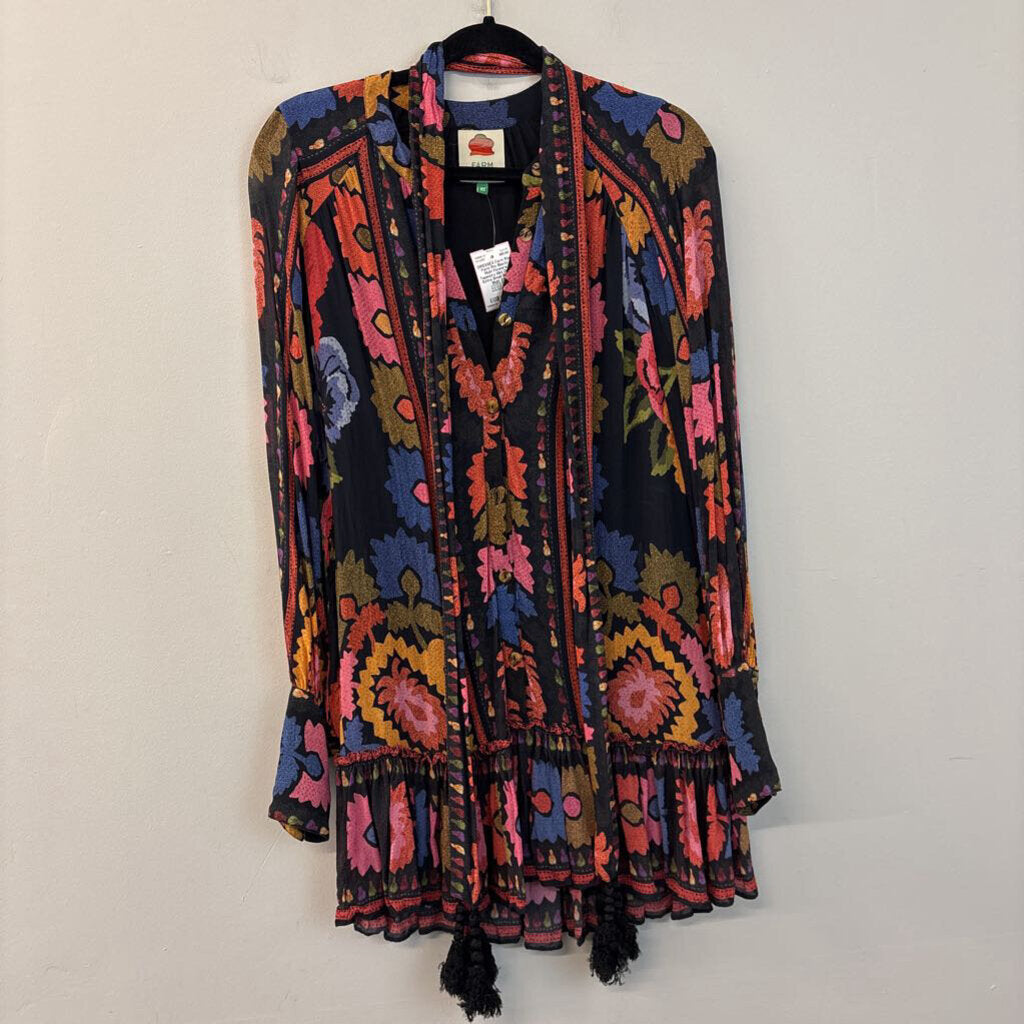 Farm Rio Black/ Multi Flowers Tapestry Mini Dress Extra Small
