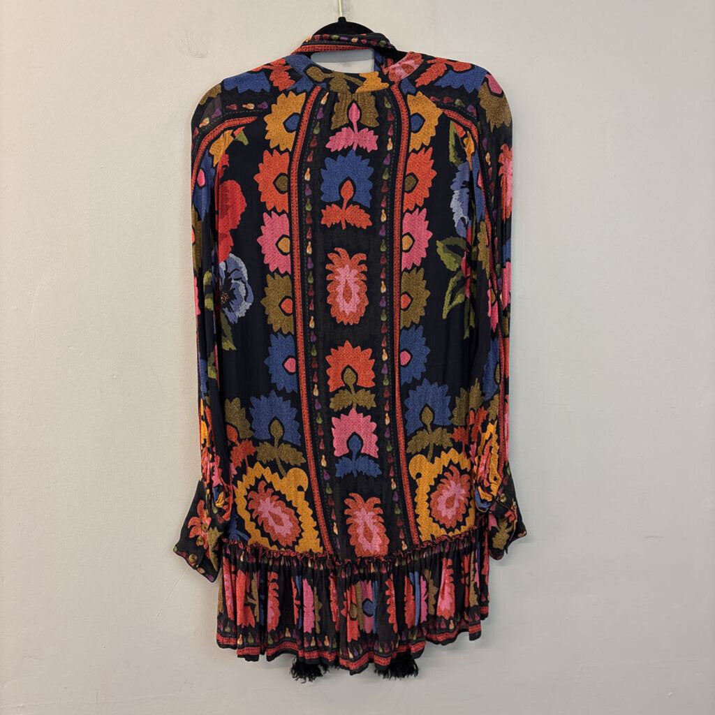 Farm Rio Black/ Multi Flowers Tapestry Mini Dress Extra Small