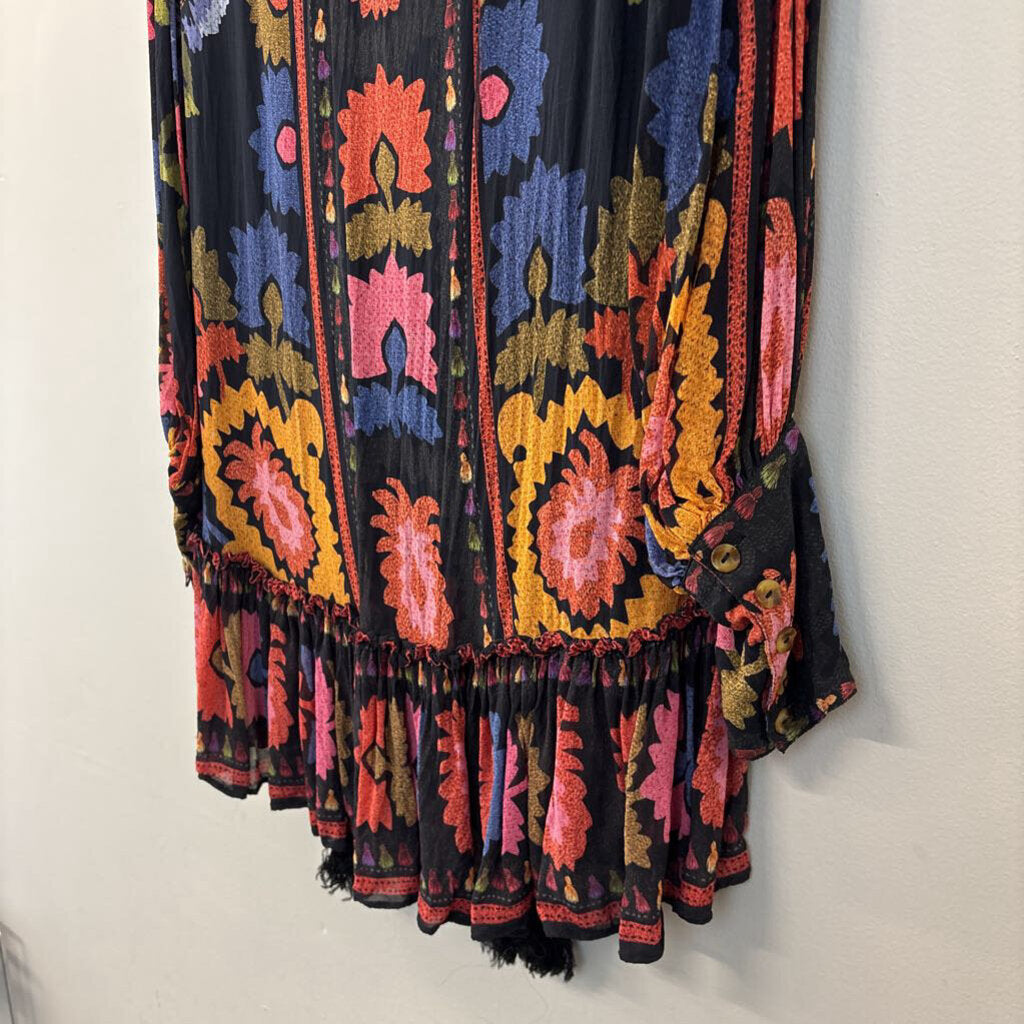 Farm Rio Black/ Multi Flowers Tapestry Mini Dress Extra Small