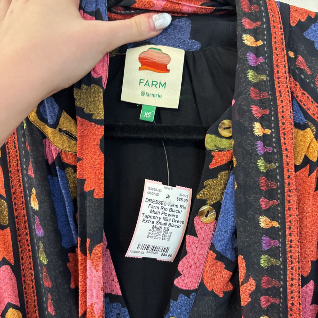 Farm Rio Black/ Multi Flowers Tapestry Mini Dress Extra Small
