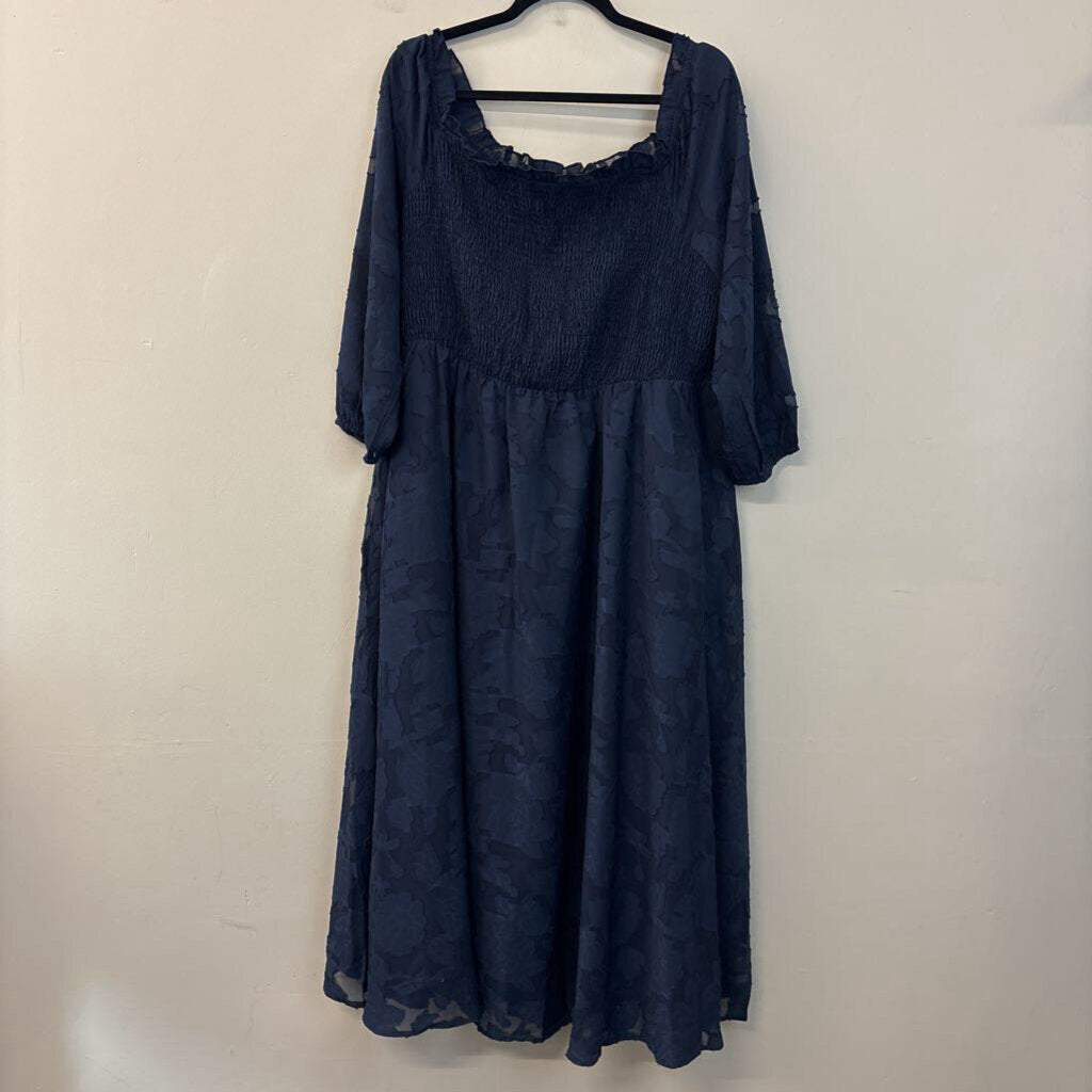 Bloomchic Navy Flower Print Smocked Top Long Sleeve Maxi Dress 18-20