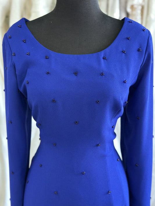 Santa Fe Royal Blue Long Sleeve Beaded Detail Long Formal Dress 6