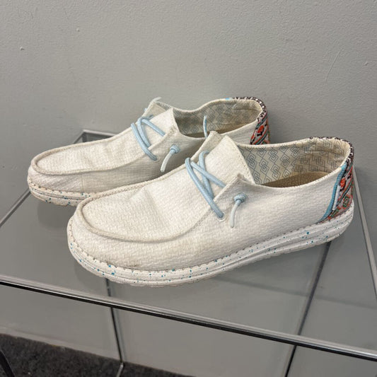 Hey Dude White/ Multi Embroidered Heel Loafers 8