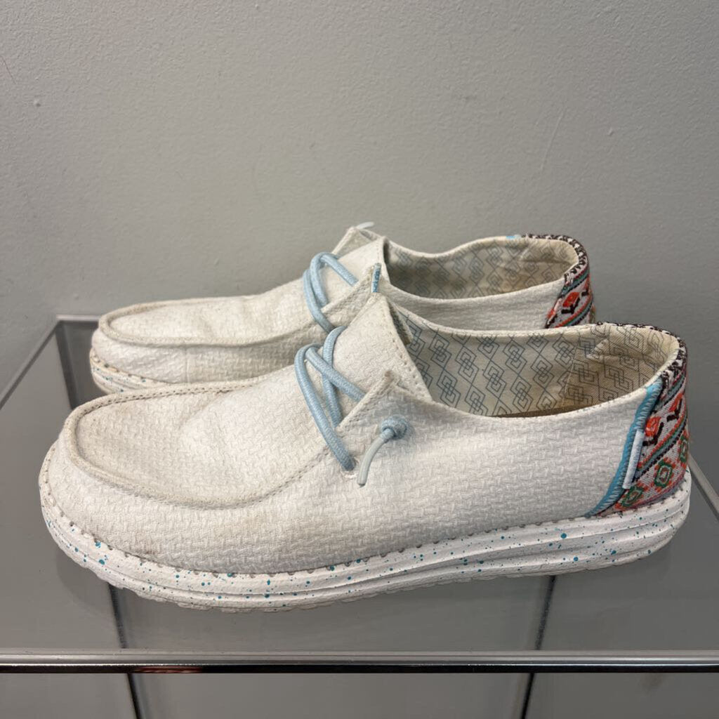 Hey Dude White/ Multi Embroidered Heel Loafers 8