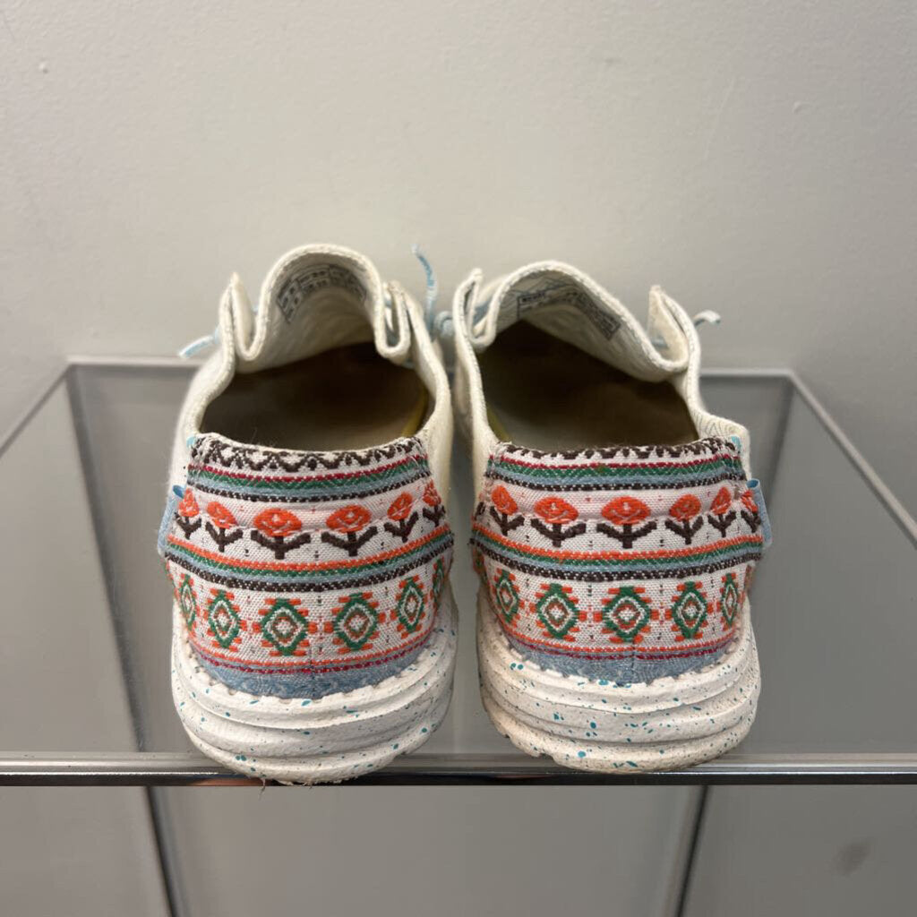 Hey Dude White/ Multi Embroidered Heel Loafers 8