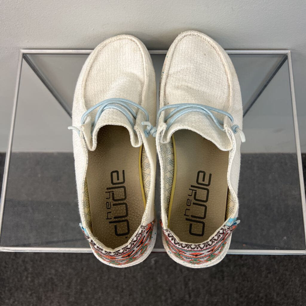 Hey Dude White/ Multi Embroidered Heel Loafers 8