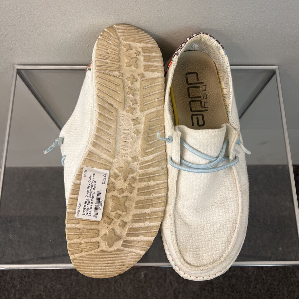 Hey Dude White/ Multi Embroidered Heel Loafers 8