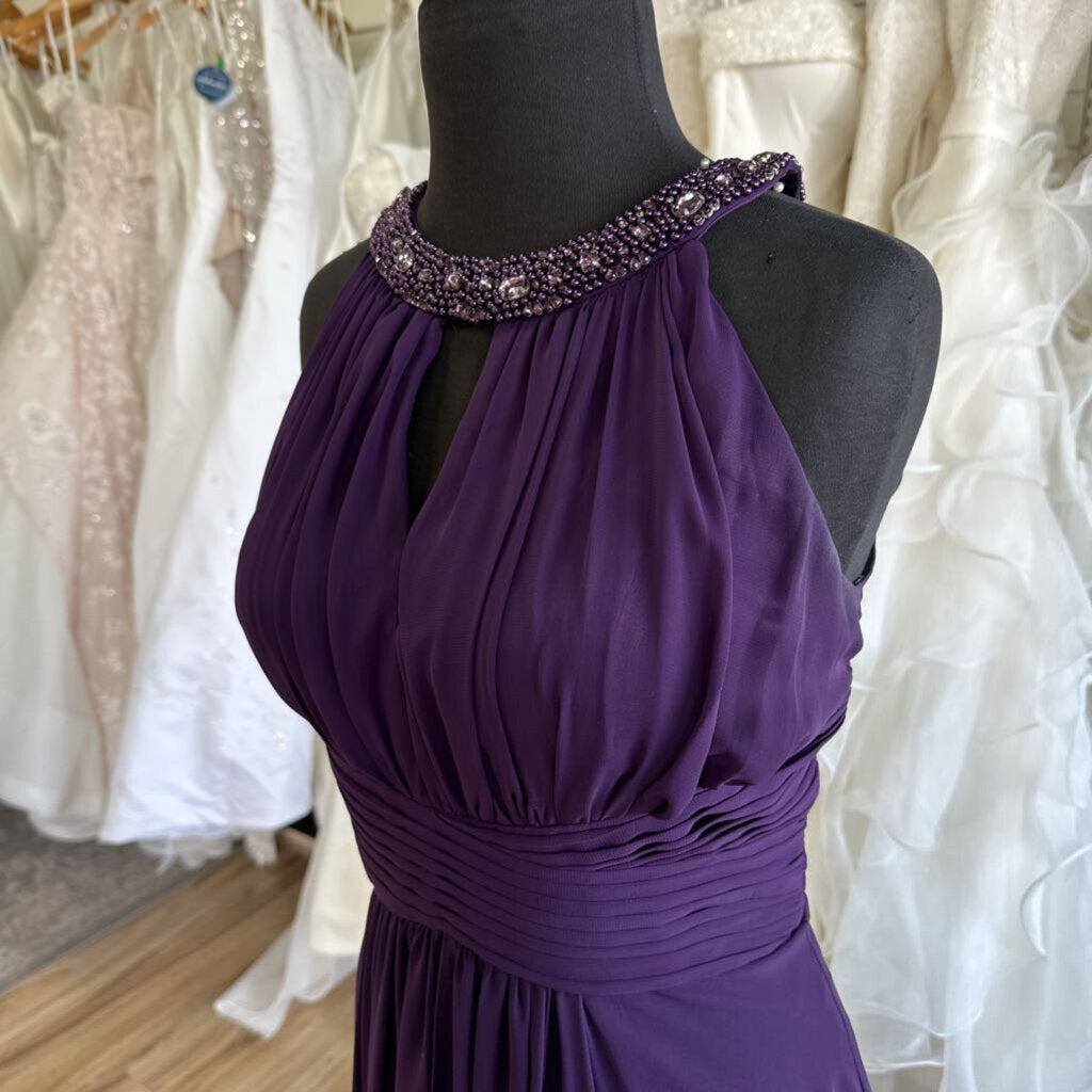 Eliza J Purple High Beaded Neck Ruched Detail Long Formal Dress 10