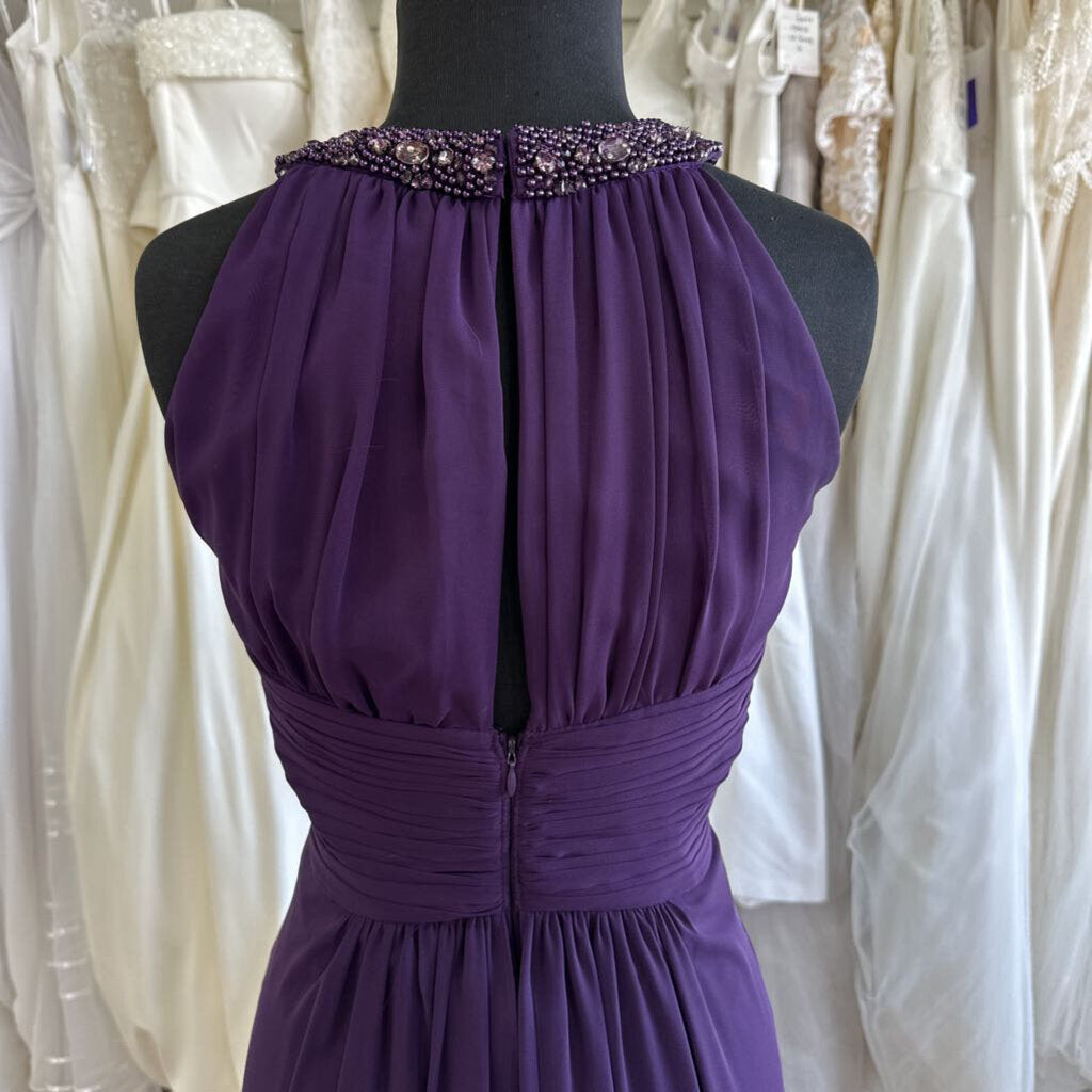 Eliza J Purple High Beaded Neck Ruched Detail Long Formal Dress 10