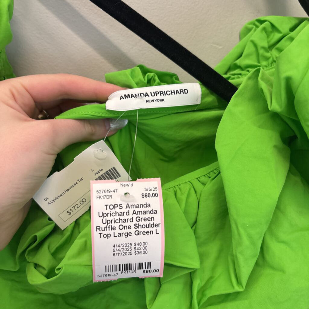Amanda Uprichard Green Ruffle One Shoulder Top Large