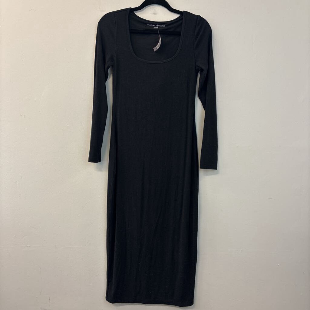 Spiritual Gangster Black Ribbed Long Sleeve Midi Dress Medium