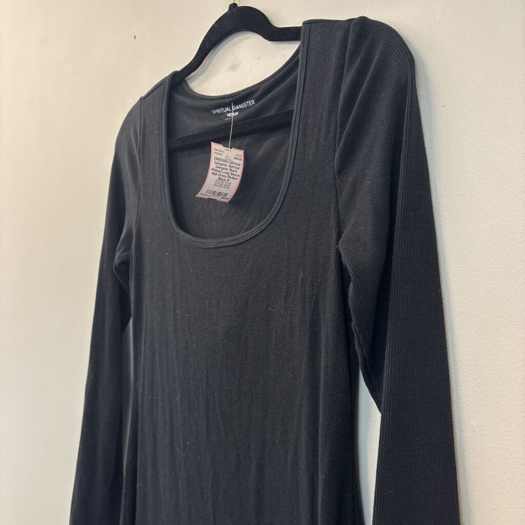Spiritual Gangster Black Ribbed Long Sleeve Midi Dress Medium