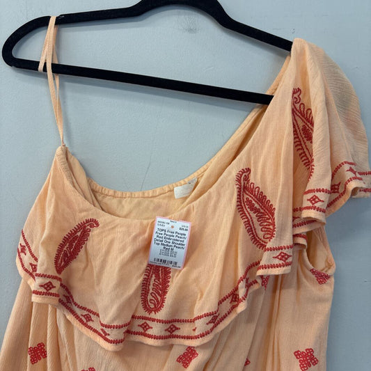 Free People Peach/ Red Embroidered Detail One Shoulder Top Medium