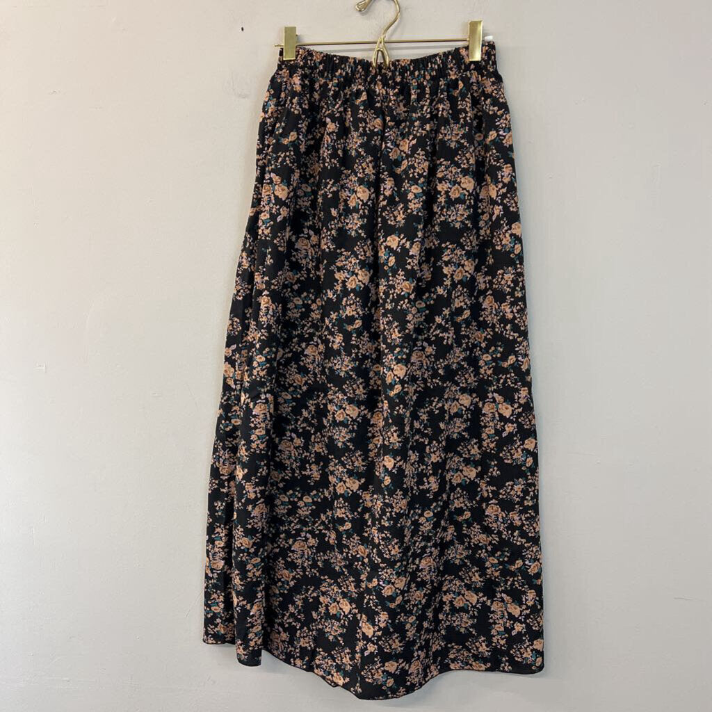 Black/ Pink Flower Print Maxi Skirt Small
