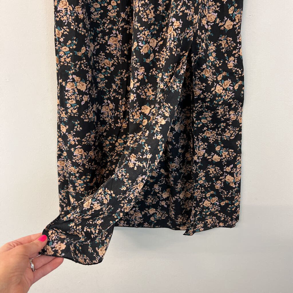 Black/ Pink Flower Print Maxi Skirt Small
