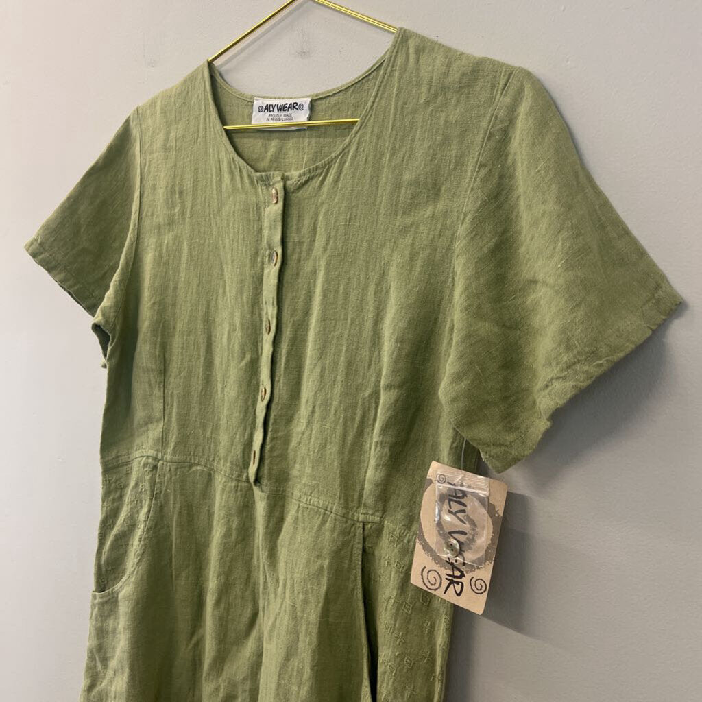 Aly Wear Green Linen Short Sleeve Maxi Dress Extra Small