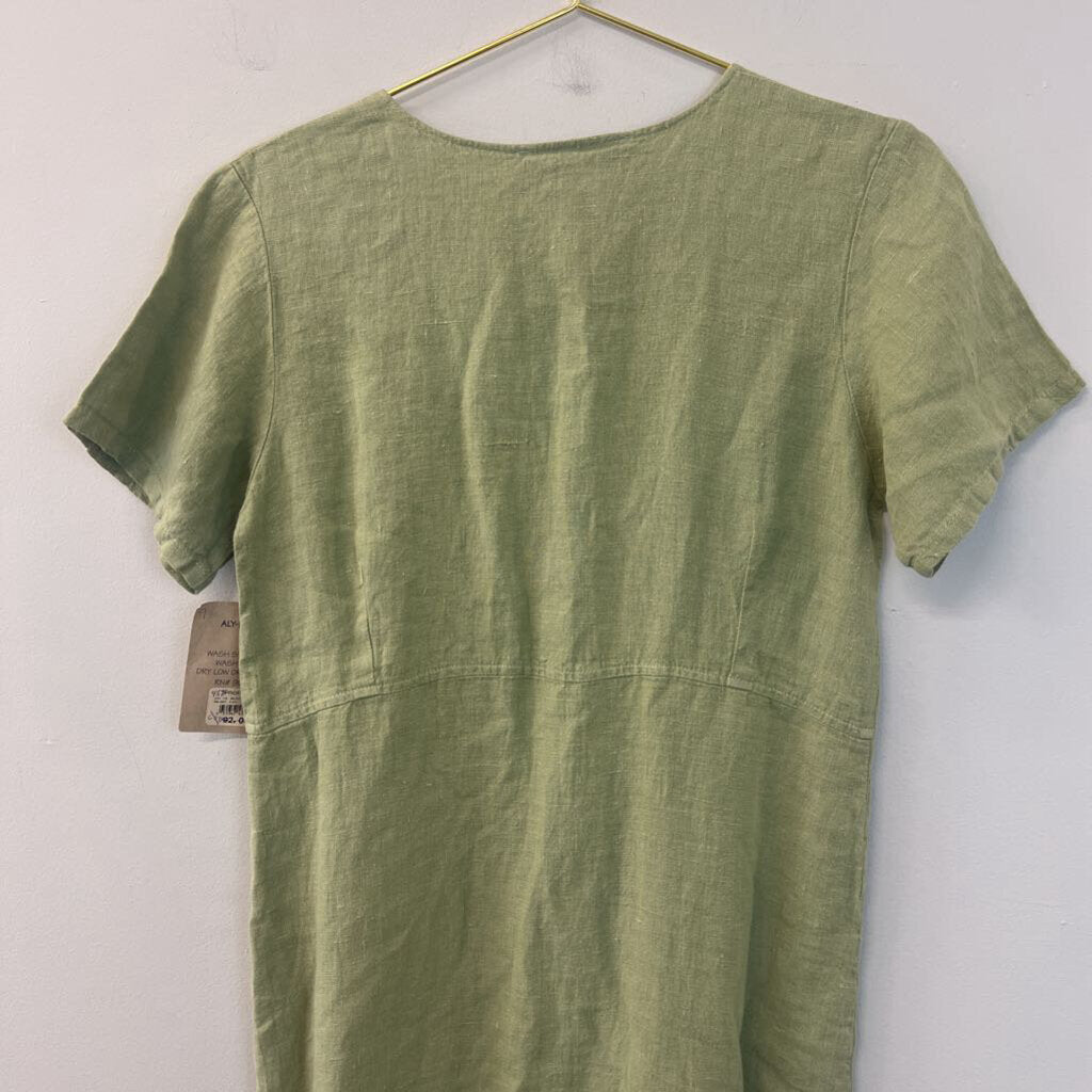Aly Wear Green Linen Short Sleeve Maxi Dress Extra Small