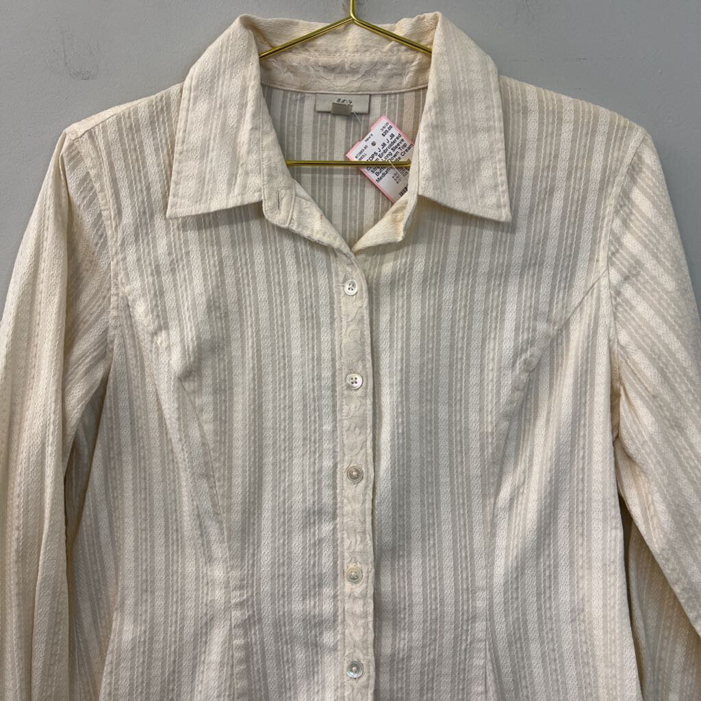 J Jill Cream Embroidered Stripe Long Sleeve Button Down Top Medium Petite