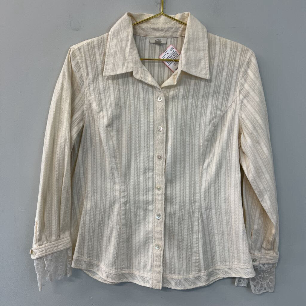 J Jill Cream Embroidered Stripe Long Sleeve Button Down Top Medium Petite