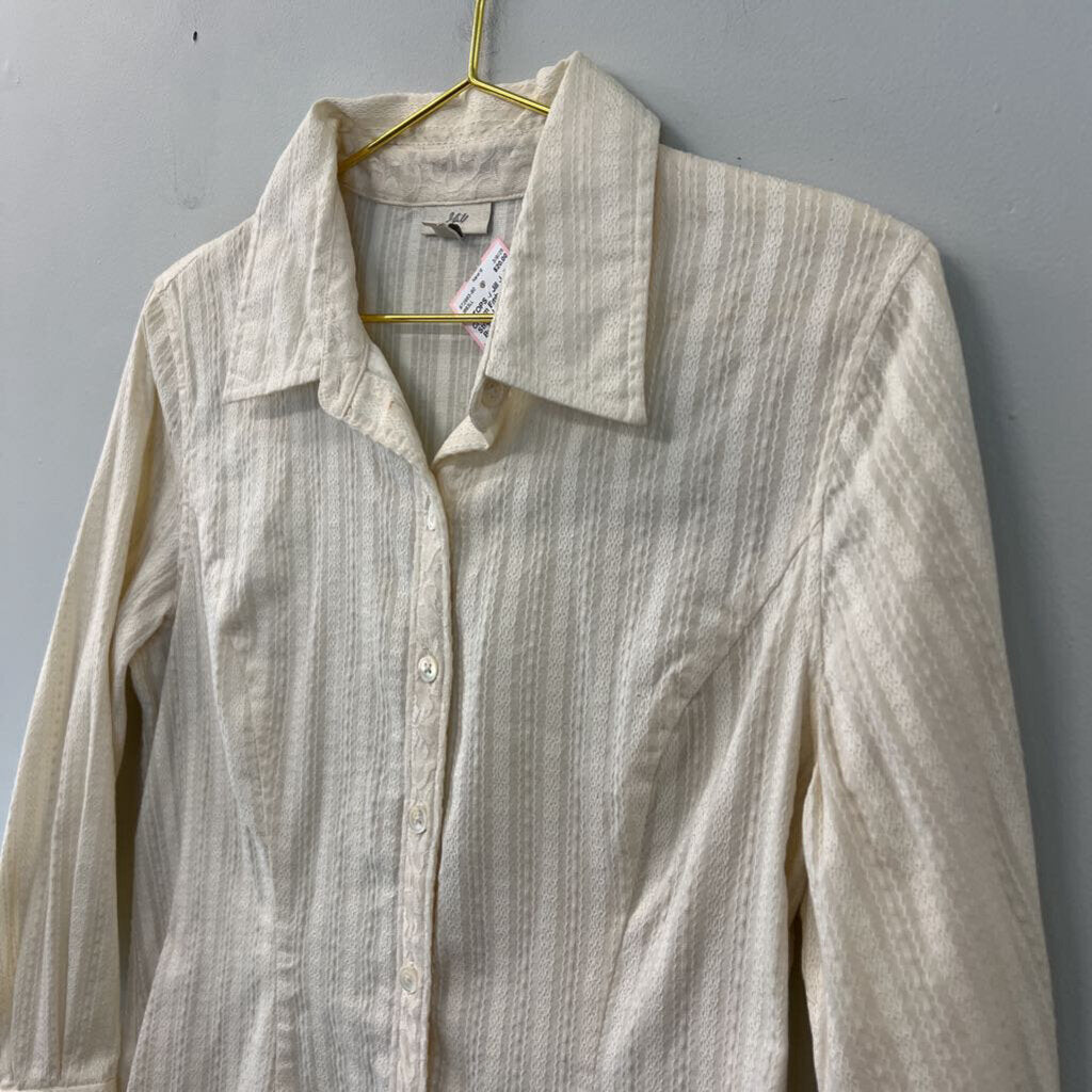 J Jill Cream Embroidered Stripe Long Sleeve Button Down Top Medium Petite