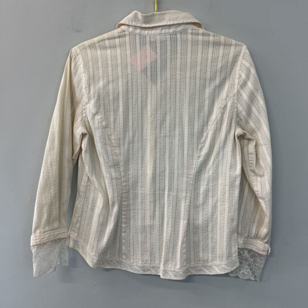 J Jill Cream Embroidered Stripe Long Sleeve Button Down Top Medium Petite