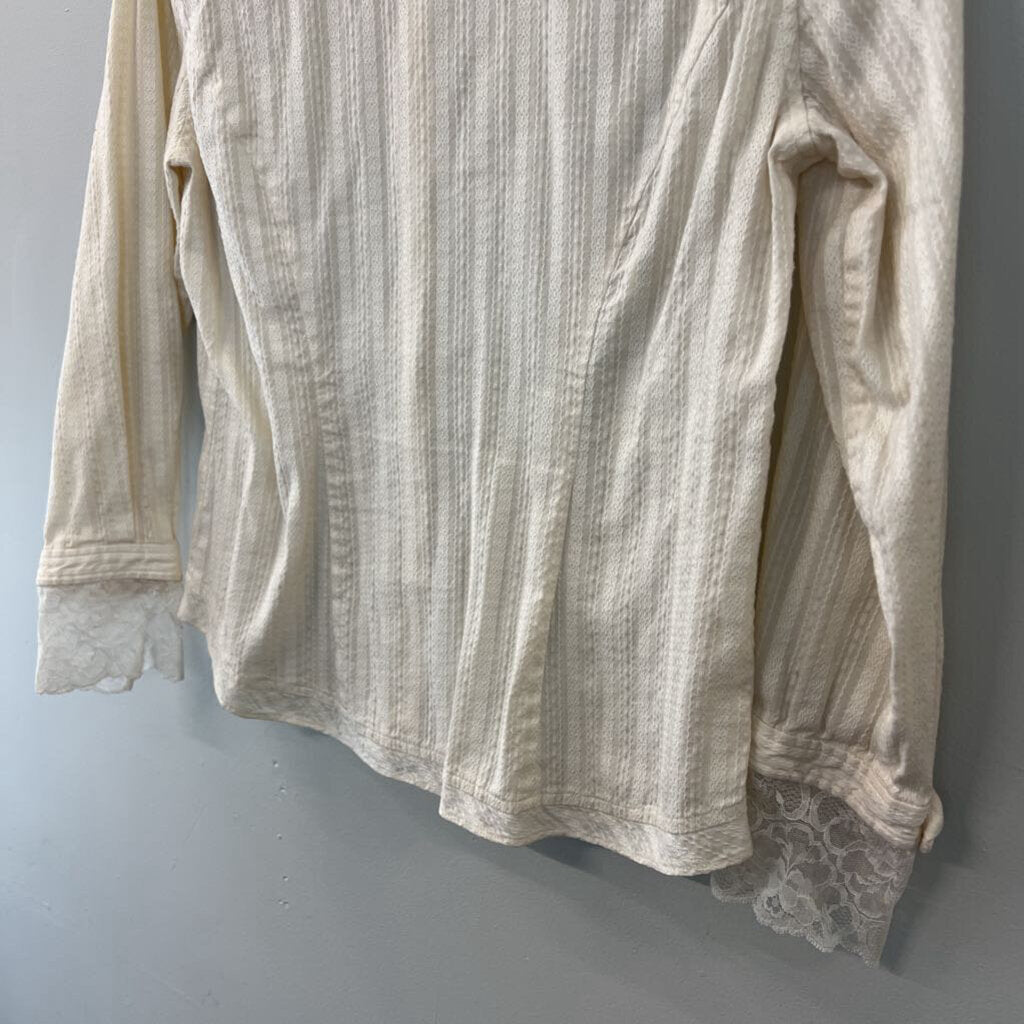 J Jill Cream Embroidered Stripe Long Sleeve Button Down Top Medium Petite