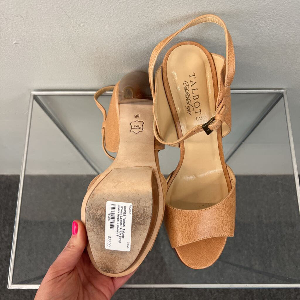 Talbots Brown Leather Ankle Strap Block Heels 8