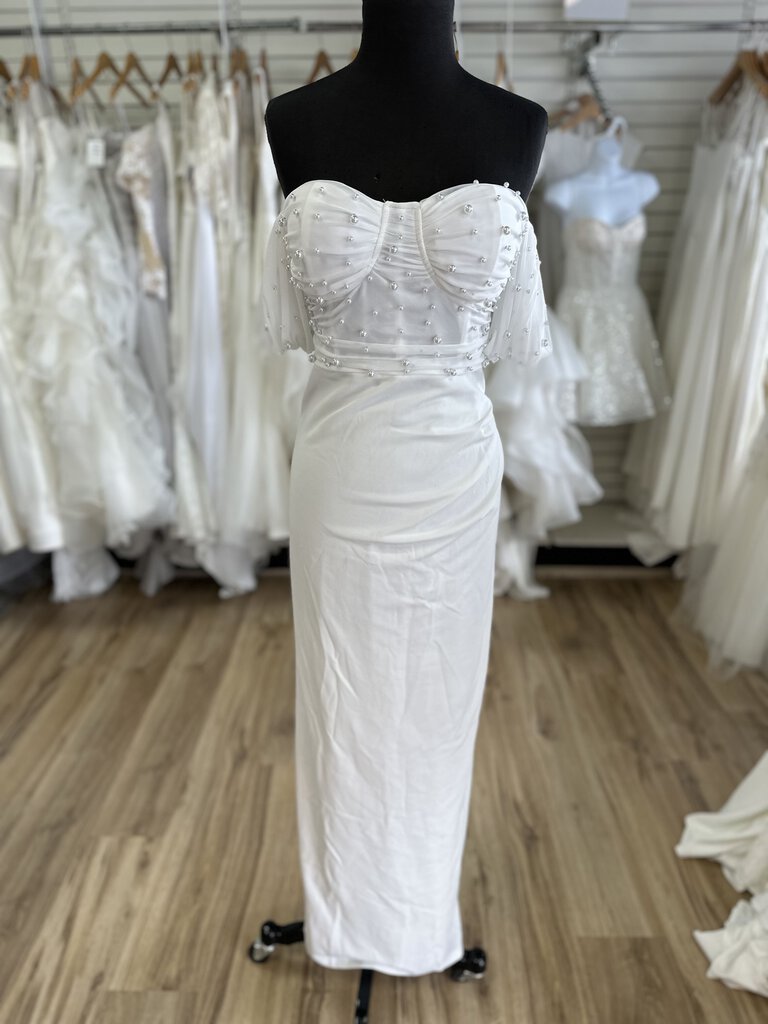 Lulus Ivory Crepe/Mesh Pearl Off Shoulder Bridal Gown L