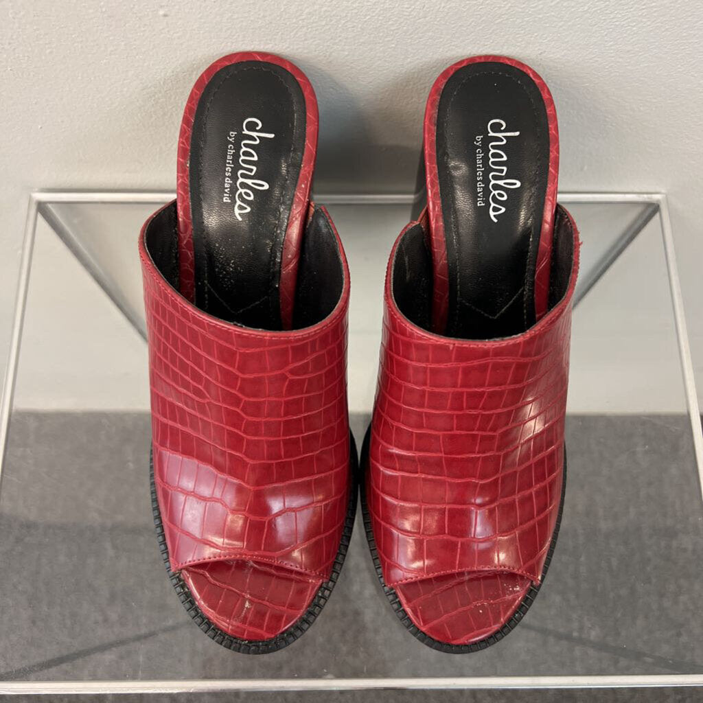 Charles David Red Snakeskin Print Platform Veda Sandal Heels 8