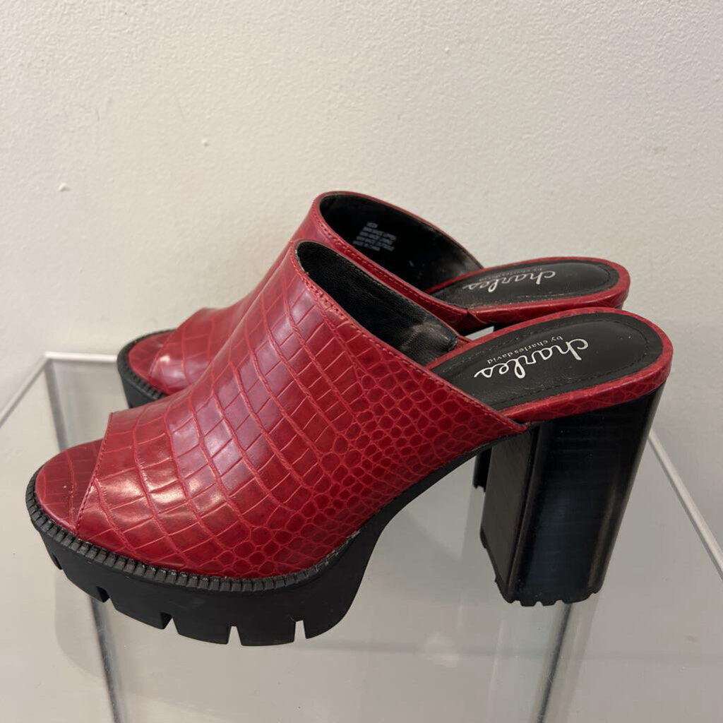 Charles David Red Snakeskin Print Platform Veda Sandal Heels 8