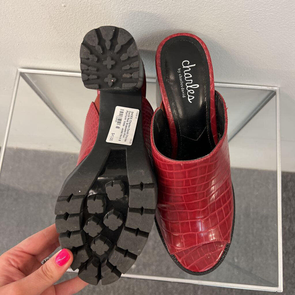 Charles David Red Snakeskin Print Platform Veda Sandal Heels 8