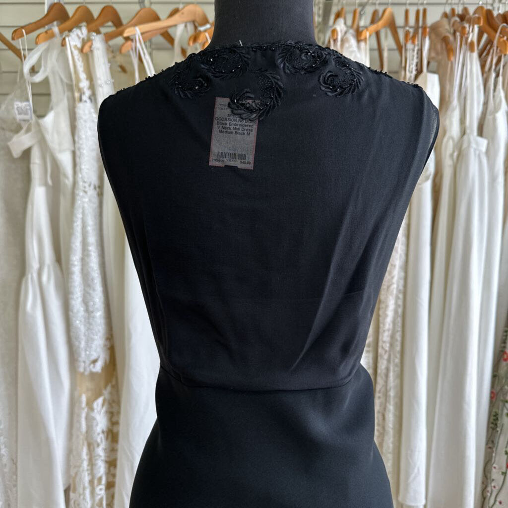 Black Embroidered V Neck Midi Dress Medium