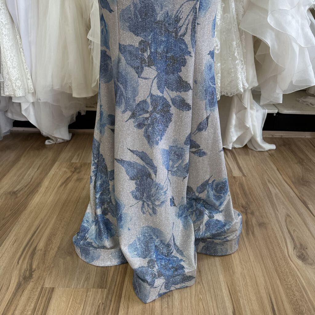 B. Darlin Silver/Blue Long Floral Sheath Gown 9/10