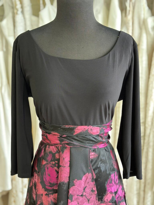 R&M Richards Black/ Pink Flower Print Long Sleeve High Low Dress 14
