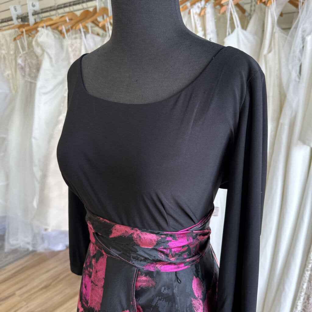 R&M Richards Black/ Pink Flower Print Long Sleeve High Low Dress 14