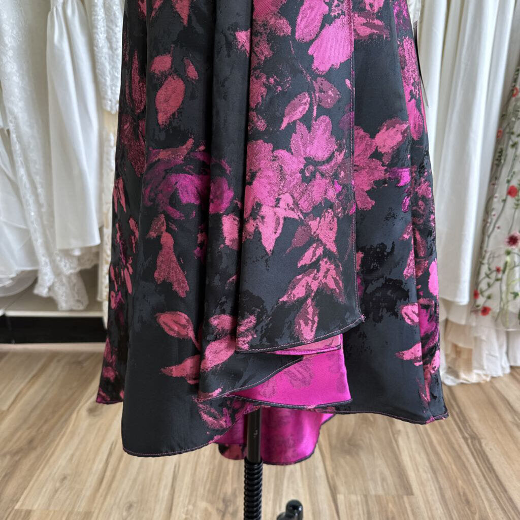 R&M Richards Black/ Pink Flower Print Long Sleeve High Low Dress 14