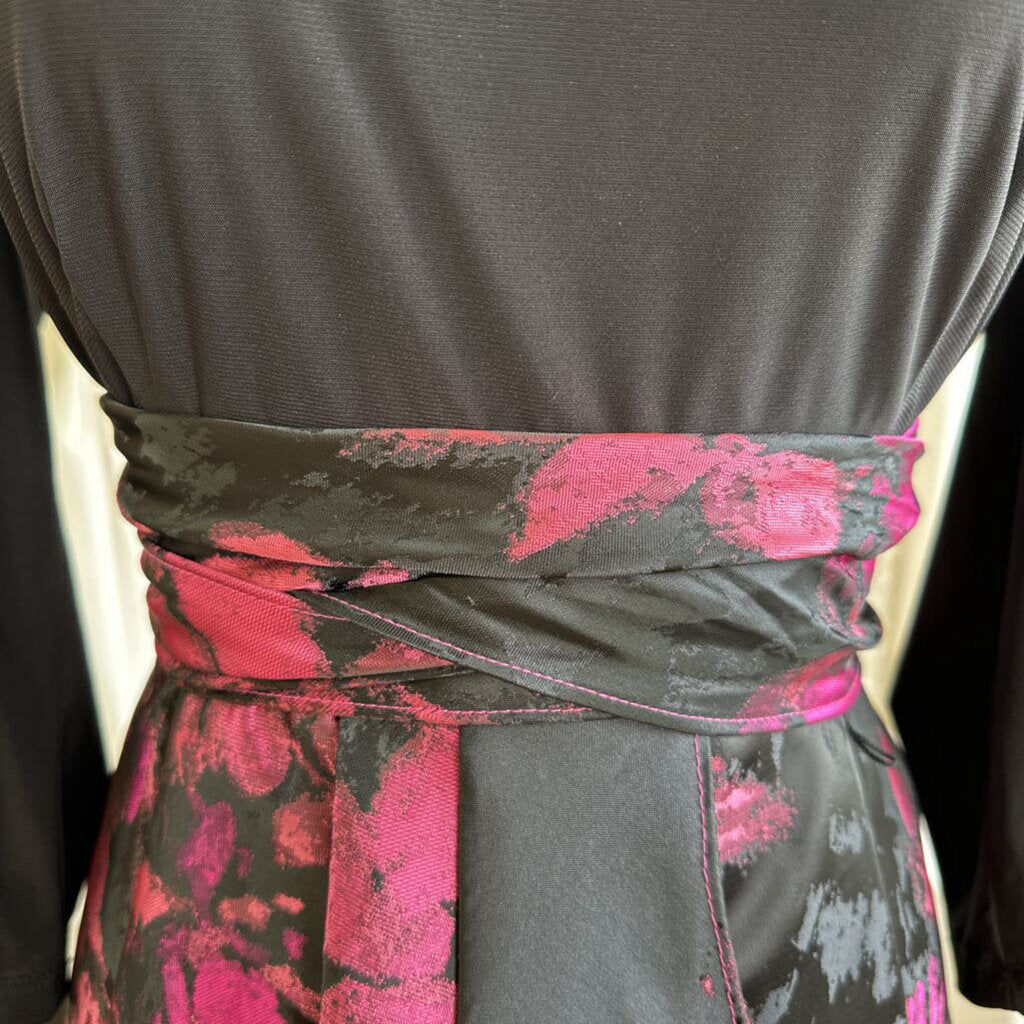 R&M Richards Black/ Pink Flower Print Long Sleeve High Low Dress 14