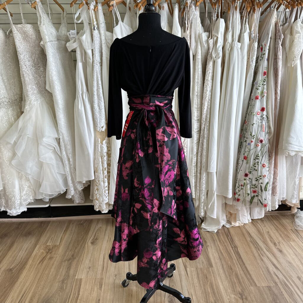 R&M Richards Black/ Pink Flower Print Long Sleeve High Low Dress 14