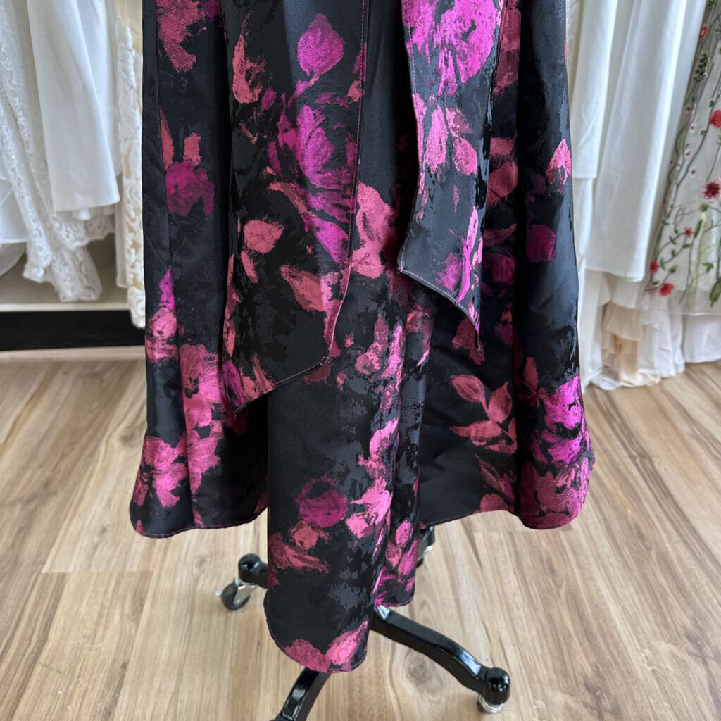 R&M Richards Black/ Pink Flower Print Long Sleeve High Low Dress 14