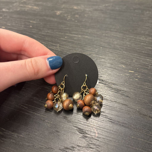 Gold/ Brown Beaded Cluster Drop Earrings
