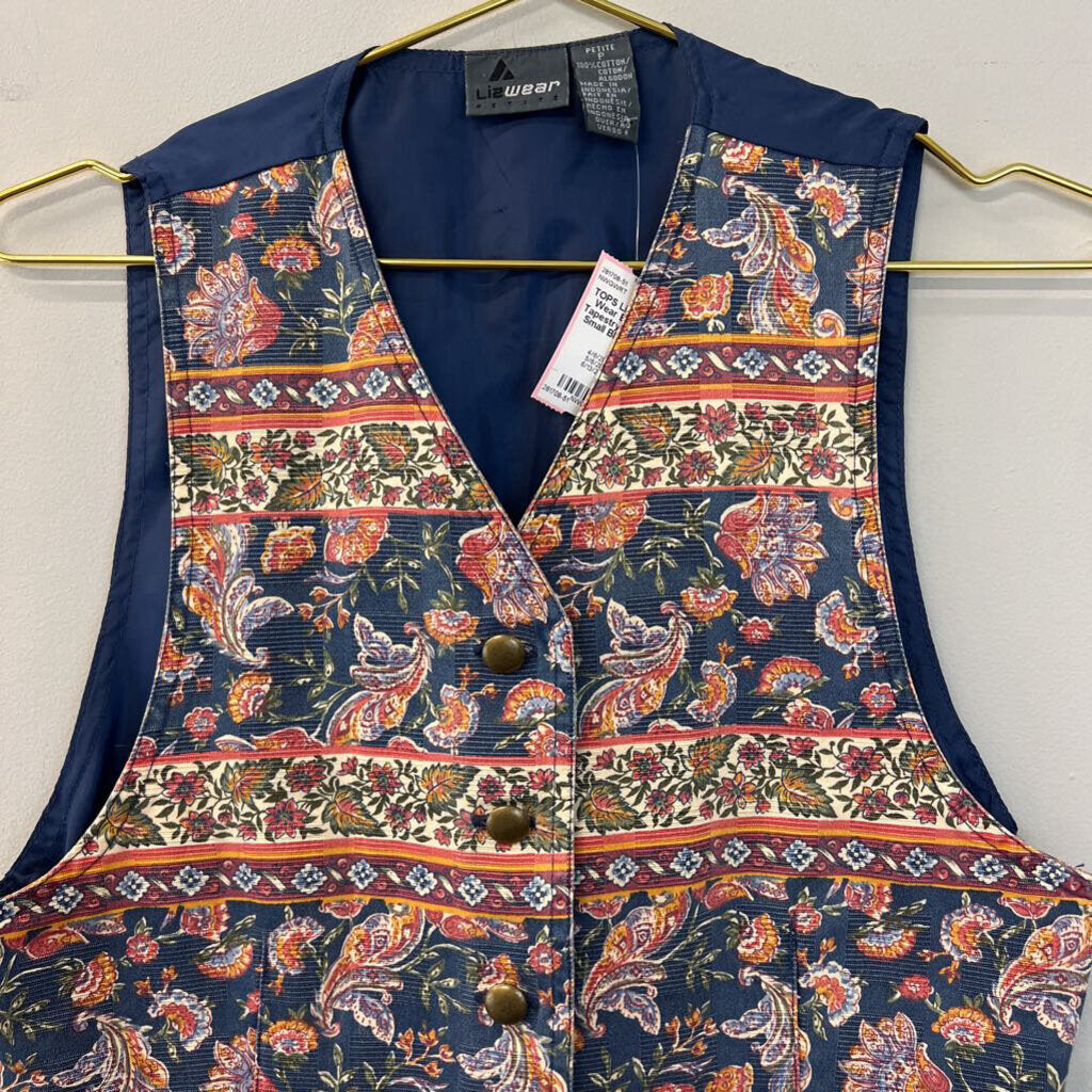 Liz Wear Blue/ Multi Tapestry Print Vest Small