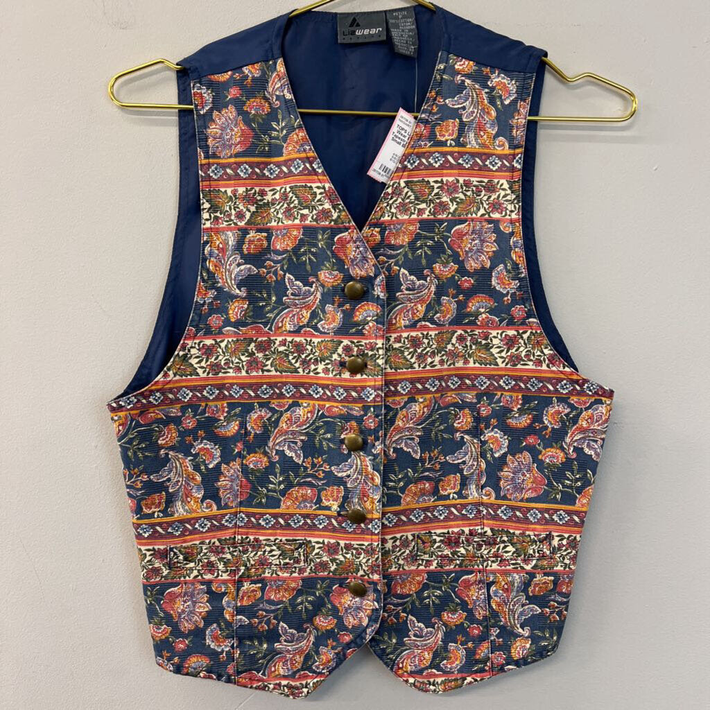 Liz Wear Blue/ Multi Tapestry Print Vest Small