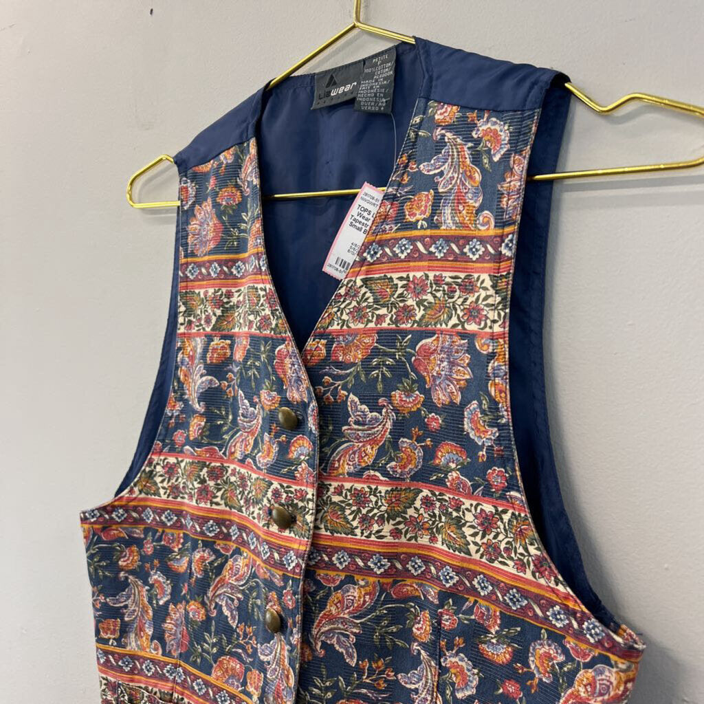 Liz Wear Blue/ Multi Tapestry Print Vest Small